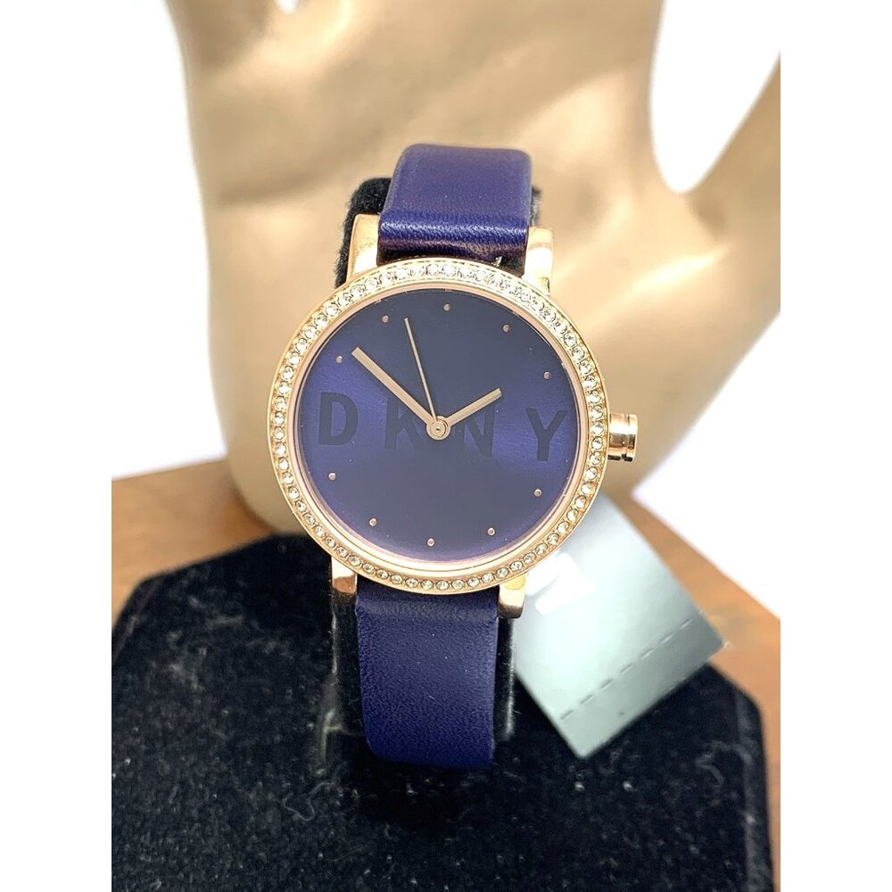 DKNY Women's Watch NY2974 Soho Quartz Blue Dial Gemmed Rose Gold Leather Band